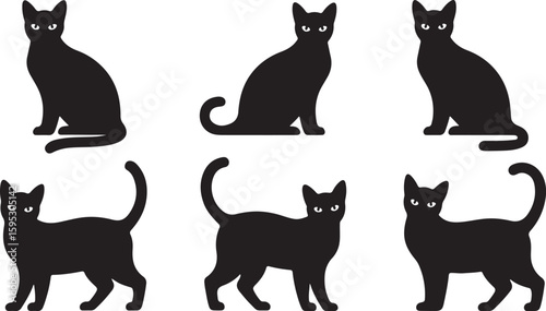 Halloween cat silhouette vector set, collection of witch cat with hat icon isolated on white background