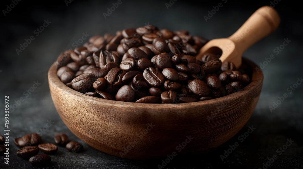 Fototapeta premium Freshly roasted coffee beans in a wooden bowl with a scoop