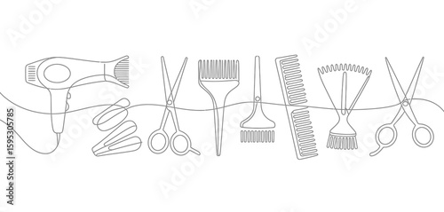 Stylized line art of hairdressing tools in a row
