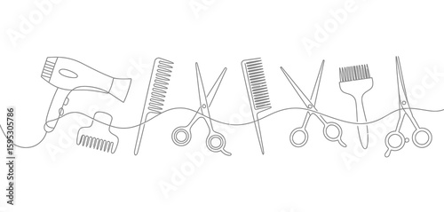 Stylized line drawing of hairdressing tools and comb