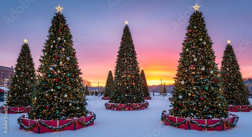 Beautifully decorated Christmas trees in a snowy landscape during a vibrant sunset creating a