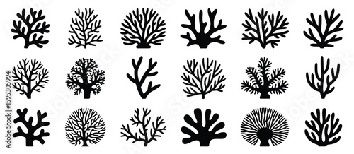 Collection of silhouetted branching coral and sea fan illustrations