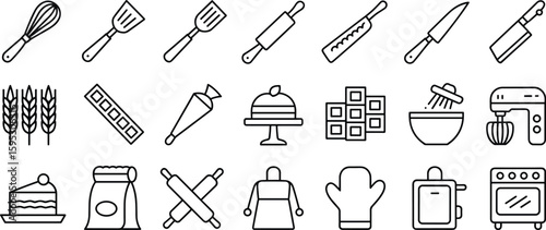 Baking tools and kitchen utensil icons set – pixel perfect editable stroke line icons for pastry, cooking, oven, mixer, apron