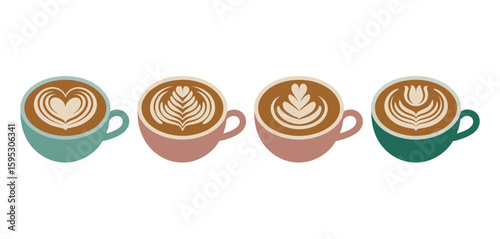 Four coffee cups with latte art designs