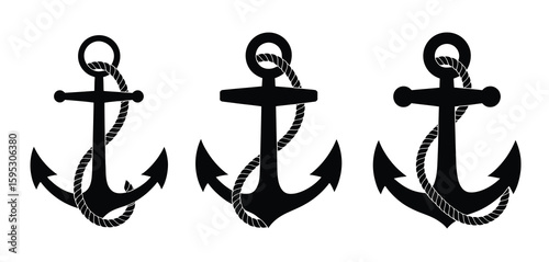 Three black nautical anchors with ropes on white background