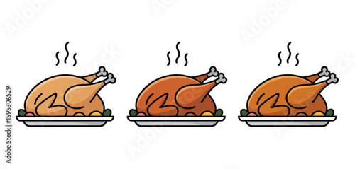 Three delicious roasted turkeys on white plates with steam