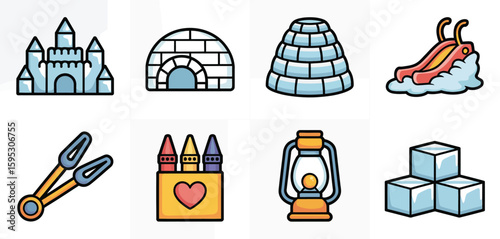 Winter wonderland icons castle igloo slide and more
