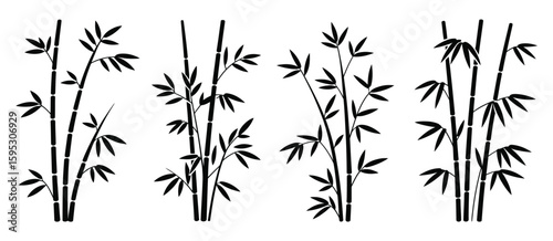 Black silhouette of bamboo stalks with leaves on white background