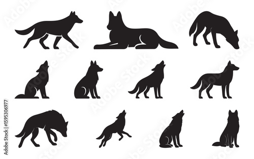 Collection of stylized wolf silhouettes:  running, howling, sitting, and lying down; vector graphics; black and white.