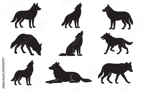 Nine Wolf Silhouettes:  Standing, Sitting, Howling, Walking;  Black and White Vector Graphics;  Wild, Majestic Mood.