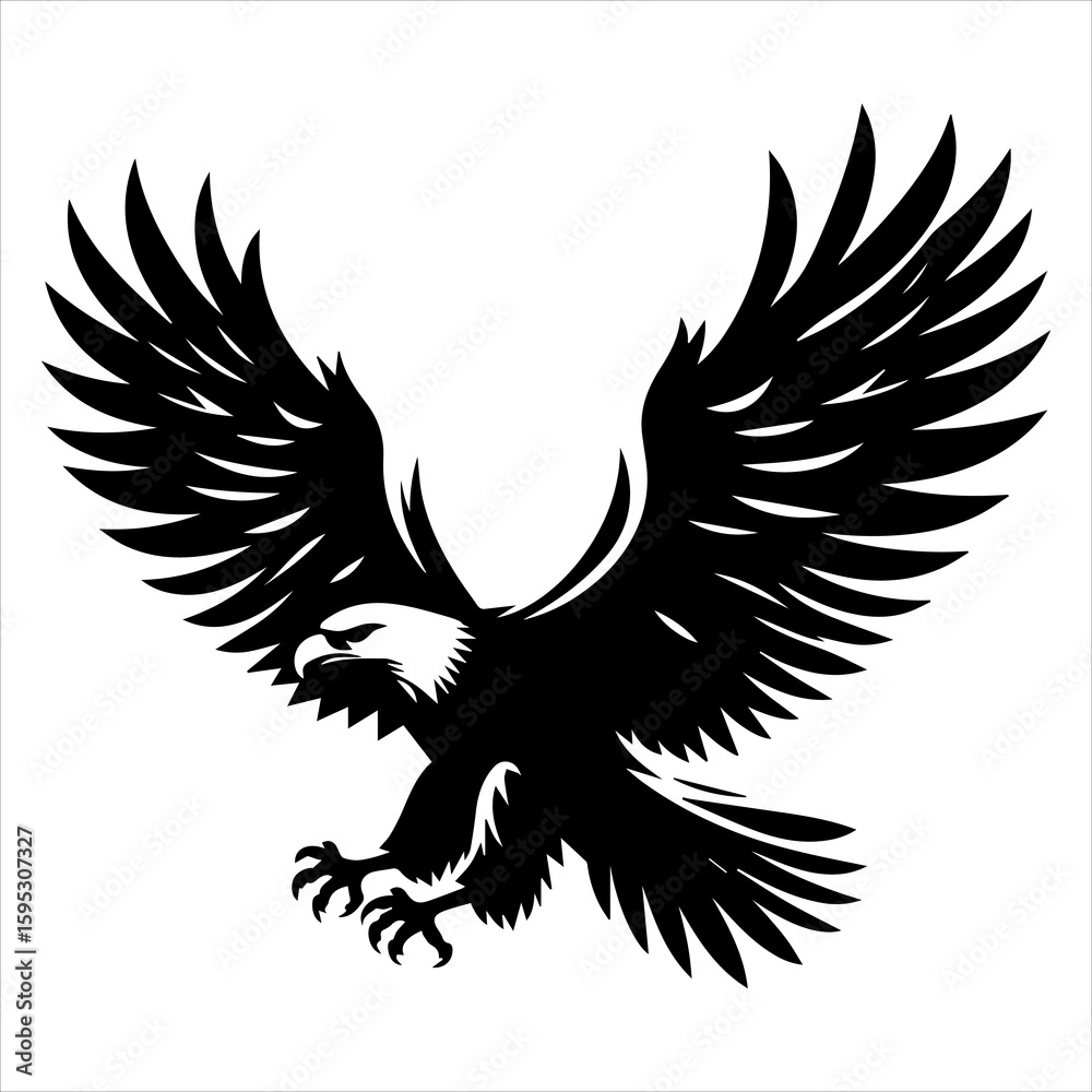 Obraz premium Black silhouette of a flying eagle with wings spread wide in white background