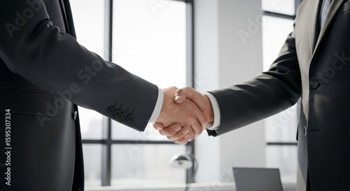 Handshake Agreement: A professional handshake seals a deal, capturing a moment of trust and collaboration in a modern business environment, symbolizing agreement and partnership.