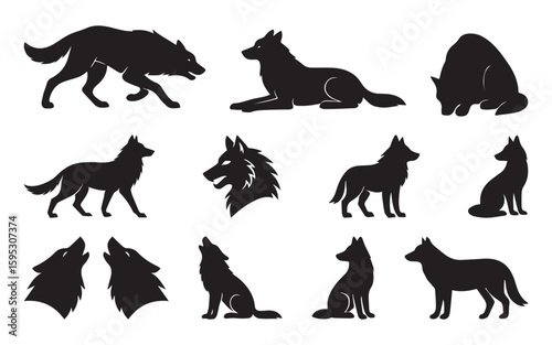 Collection of stylized wolf silhouettes:  powerful, majestic, and mysterious black and white vector graphics.