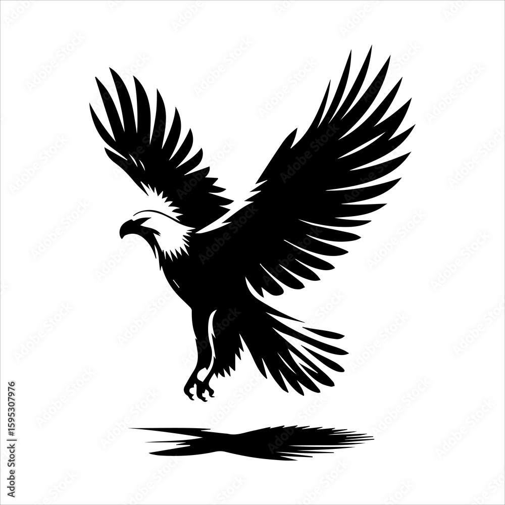 Obraz premium Black silhouette of a flying eagle with wings spread wide in white background