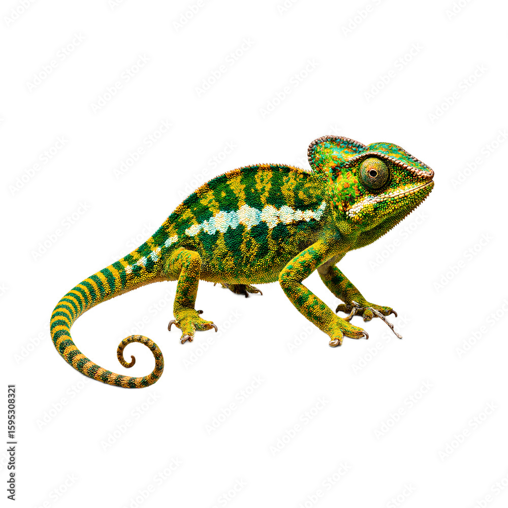Vivid chameleon showcasing shifting green and yellow scales rotating bulging eyes and prehensile tail highlighting its remarkable adaptability Vivid chameleon showcasing shifting green and yellow scales rotating bulging eyes and prehensile tail highlighting its remarkable adaptability