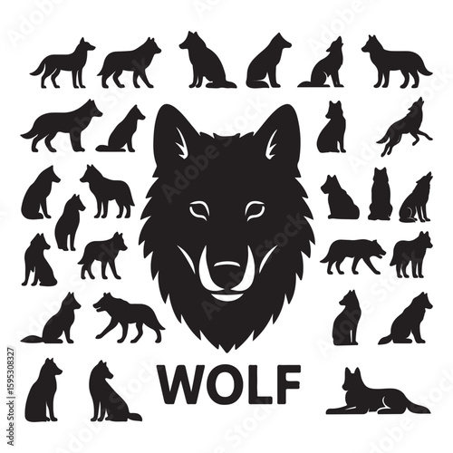 Collection of Wolf Silhouettes:  Standing, Sitting, and Headshot; Bold Black Vector Graphics.