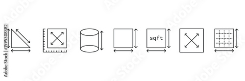 Dimension area and perimeter measure concept. editable stroke outline icons set. Square feet. Vector illustration.