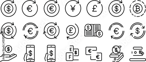Currency exchange icons, editable stroke, dollar euro yen pound bitcoin, mobile banking, financial transfer, pixel perfect vector money set