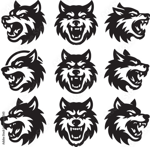 Nine fierce monochrome wolf head illustrations; snarling, stylized, mascot style.