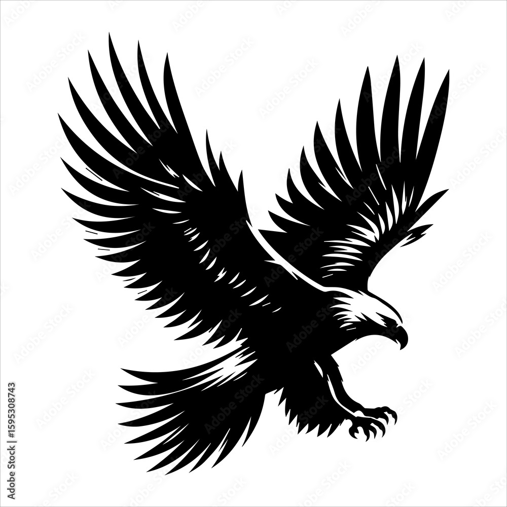 Fototapeta premium Black silhouette of a flying eagle with wings spread wide in a white background