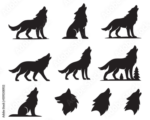 Collection of stylized howling wolf silhouettes:  powerful, majestic, and evocative of wilderness.
