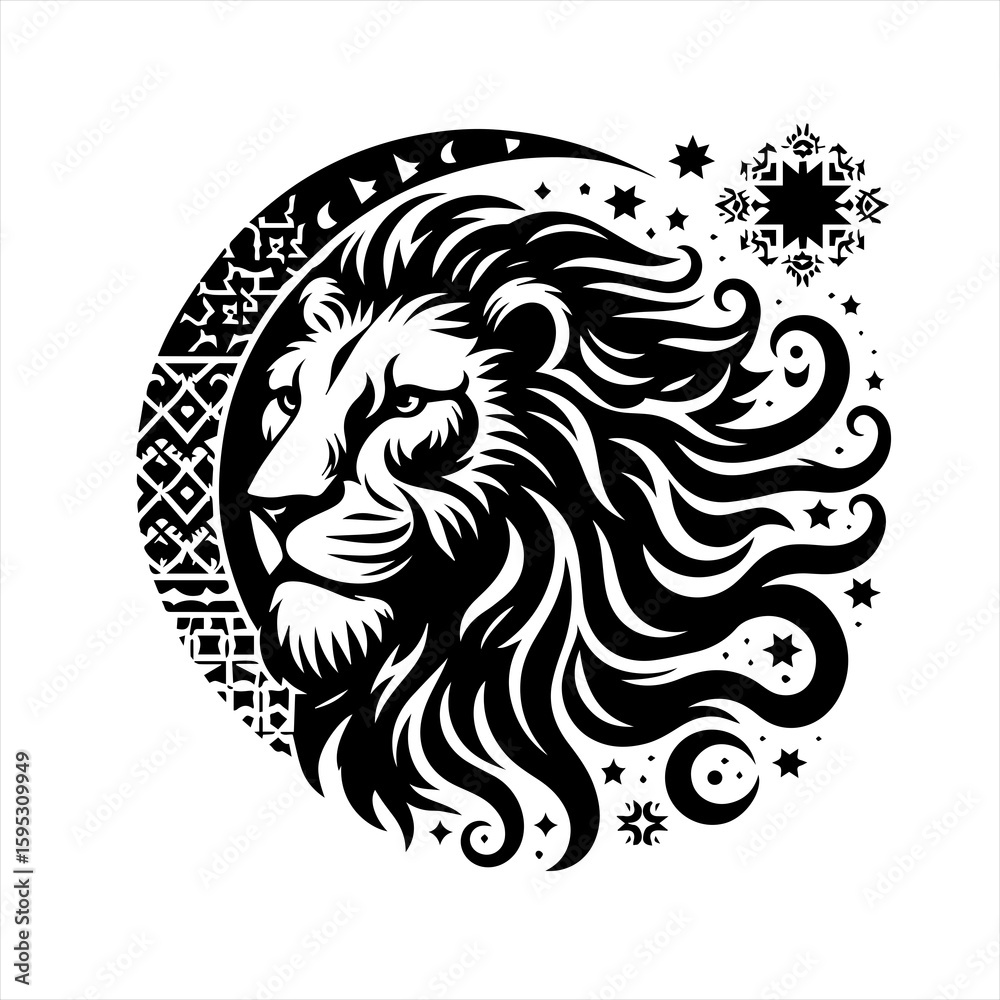 Obraz premium Lion head with moon and stars