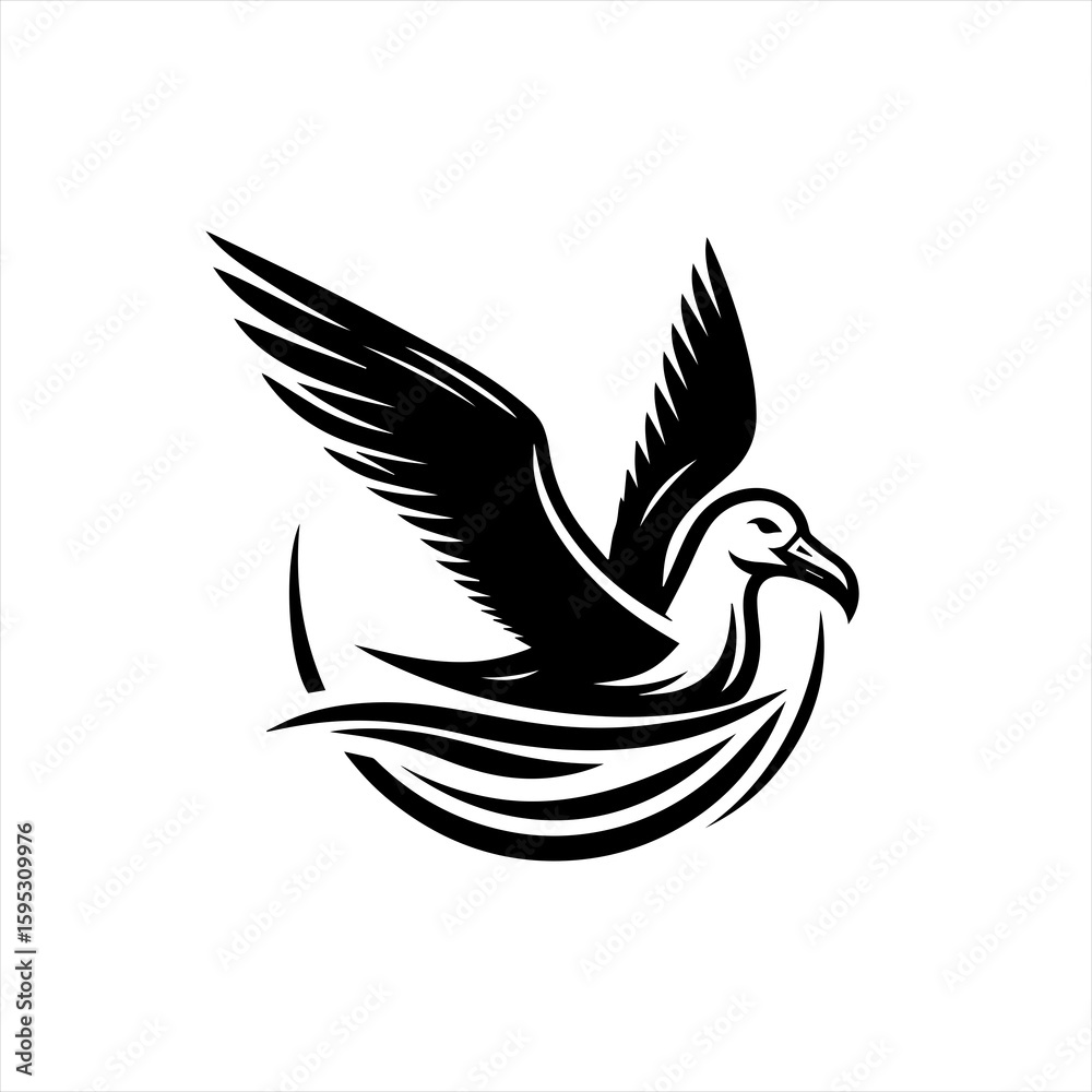 Obraz premium Seagull in flight with stylized waves