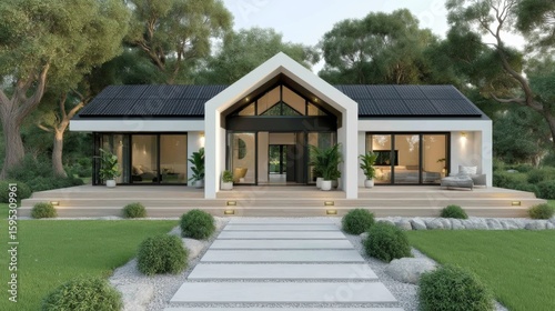 Modern single-story house with a sleek design, large windows, and minimalist landscaping surrounded by trees.