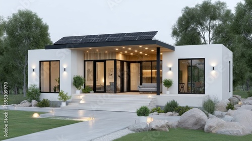 Modern single-story house with solar panels, large windows, outdoor seating, and well-maintained landscaping surrounded by trees and rocks.