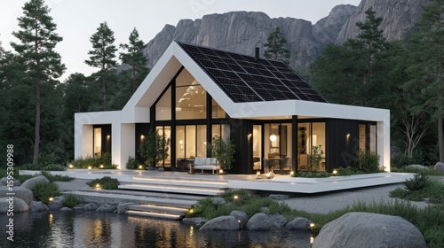 Modern house with solar panels on the roof surrounded by pine trees and mountains, featuring large glass windows reflecting warm interior lighting near a rocky pond.