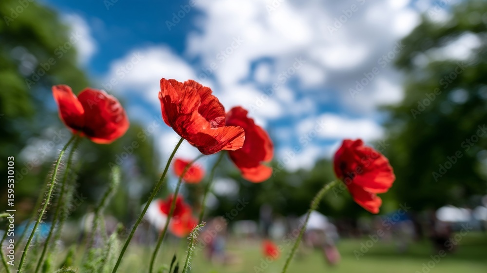 Naklejka premium A field of red poppies in the middle of a grassy field