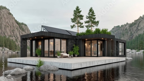 Modern black floating house with large glass windows in a serene lake surrounded by rocky cliffs and pine trees.