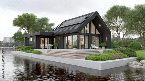 Modern black lakefront house with large windows, solar panels, and surrounding greenery reflecting in calm water.