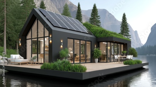 A modern floating house with large glass windows, solar panels, and green roofing, situated on a calm lake surrounded by pine trees and mountains.