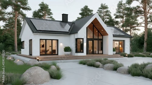 Modern white house with large windows and wooden deck surrounded by rocks and greenery in a peaceful forest setting.