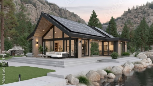 Modern cabin with solar panels on the roof, surrounded by rocky mountains, pine trees, and a lakeside setting during dusk.