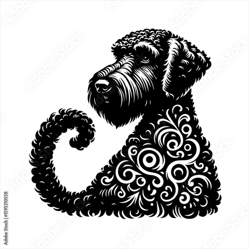 Ornate dog with curly tail