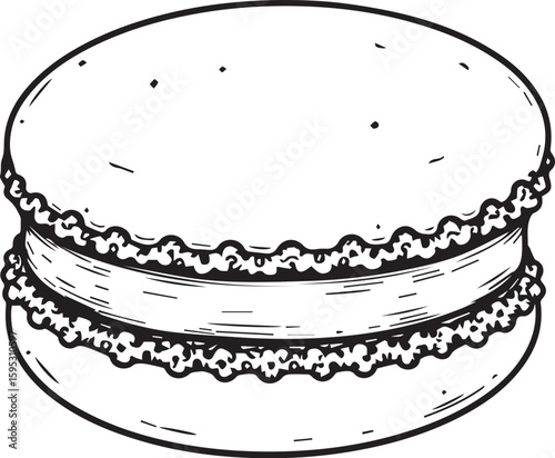 Macaron Delight: A monochromatic illustration of a delectable macaron, showcasing its delicate texture and inviting layers.
