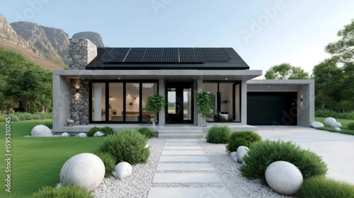 Modern single-story house with solar panels on the roof, surrounded by a minimalist garden with round stone decorations and mountain views in the background.