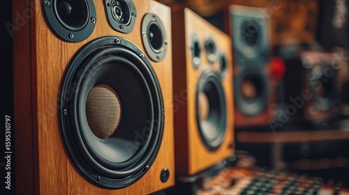 Two wooden speakers with black grills, one on the left and one on the right, placed side by side in a recording studio with a black background.