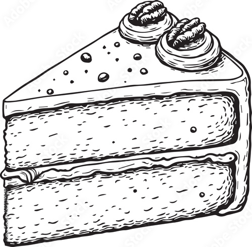 Sweet Slice: An artistic monochrome depiction of a tempting slice of cake, topped with delicate frosting and delectable pecan nuts, inviting viewers to indulge in its rich textures.