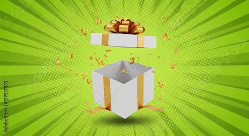 Open Gift Box with Golden Ribbon Against Green Burst Background Celebratory , Surprise