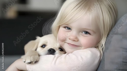 Adorable little girl holding a cute puppy with joyful expression in a bright outdoor setting