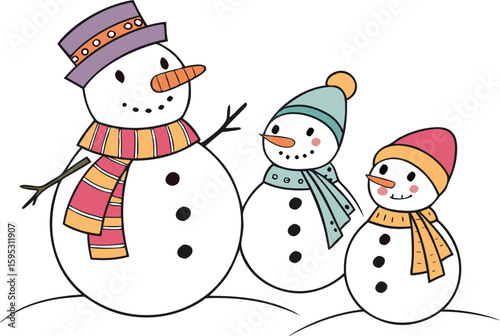 Happy Snowman Family in Winter with Colorful Hats and Scarves