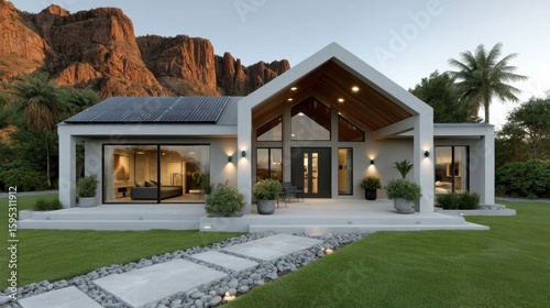 Modern single-story house with large windows, a solar panel roof, and landscaped garden set against a backdrop of rocky mountains and palm trees.