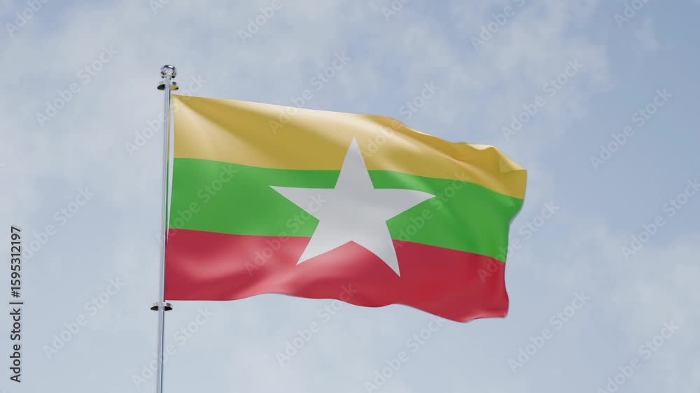 3d animation of waving flag and cloudy sky, national flag of Myanmar, Burma, HD, 4k