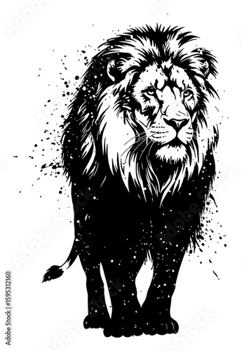 Lion Full Body Majestic Stance Powerful Gaze Black and White Drip Splat Abstract Art