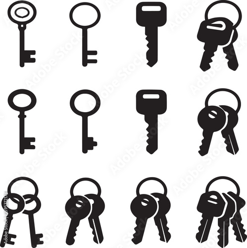 Set of black key icons including vintage keys, modern house keys, and keyring illustrations in flat silhouette style for security, access, and lock design concepts