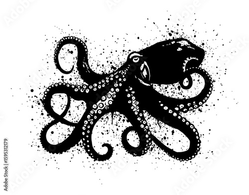 Dynamic Octopus Marine Sea Creature Underwater Life Black and White Drip Splat Abstract Art Illustration