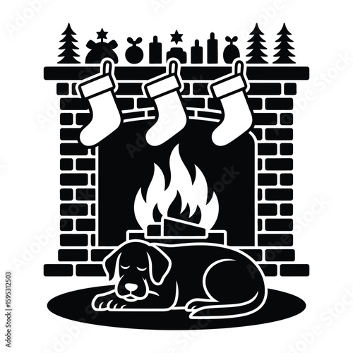 Dog napping beside fireplace with holiday stockings, black and white silhouette vector illustration